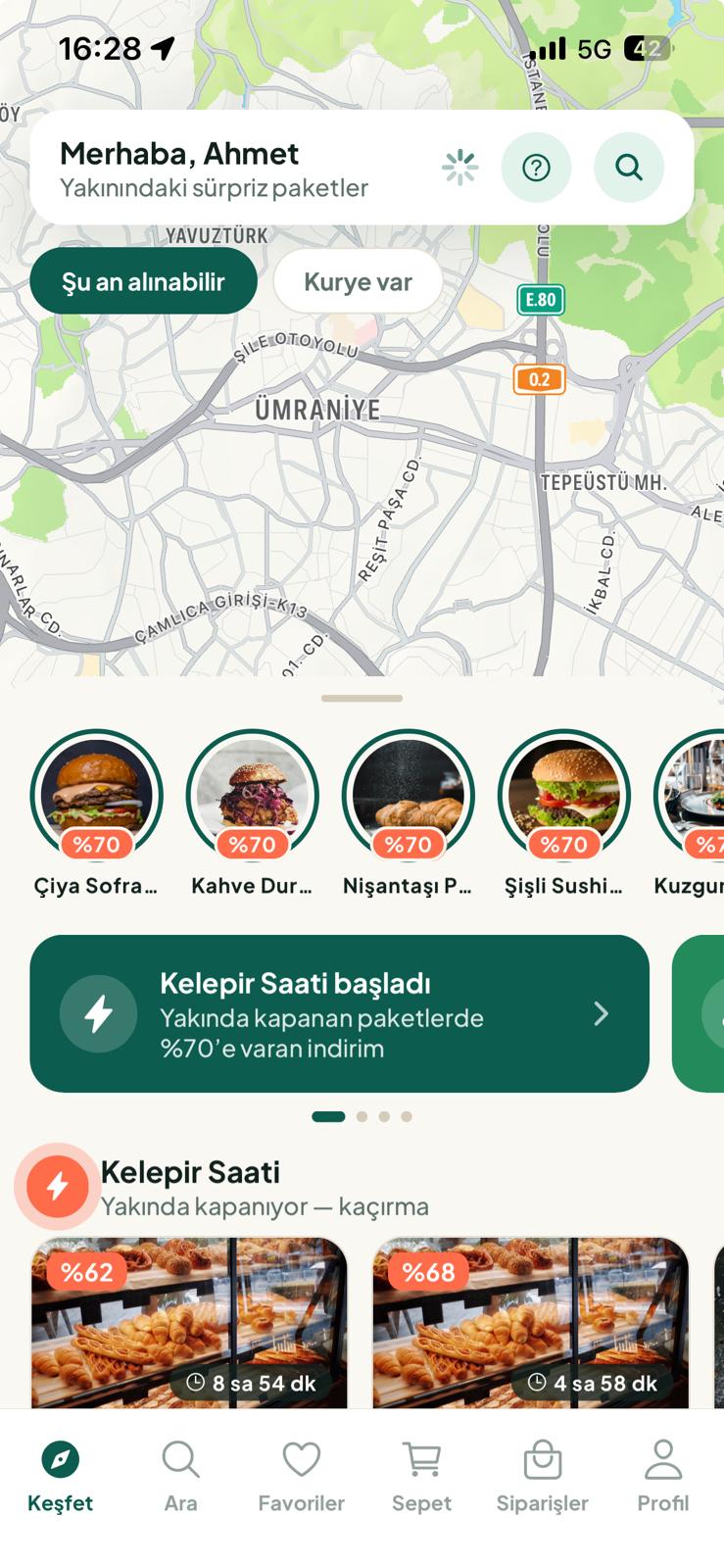 Zuugla Keşfet ekranı: yakındaki sürpriz paketler